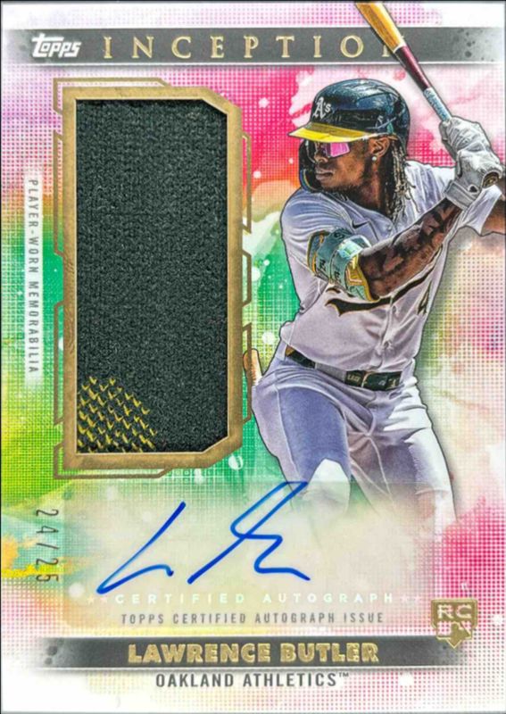 Lawrence Butler 2024 Topps Inception #AGSR-LB Autographed Game Sock Relic Card /25 Rookie RAW