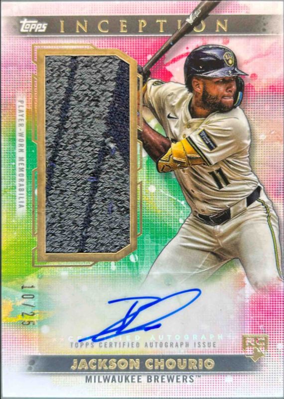 Jackson Chourio 2024 Topps Inception #AGSR-JCH Autographed Game Sock Relic Card /25 Rookie RAW