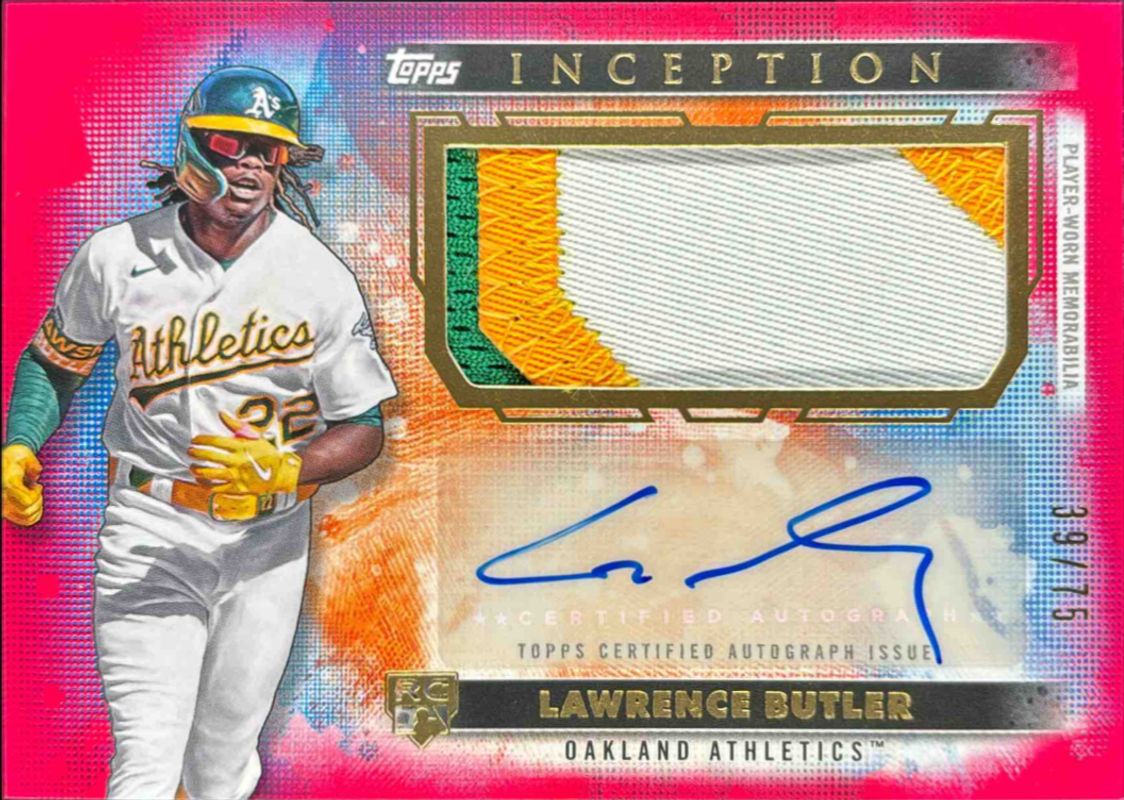 Lawrence Butler 2024 Topps Inception #APC-LB Autographs Patch Cards - Magenta /75 Rookie RAW