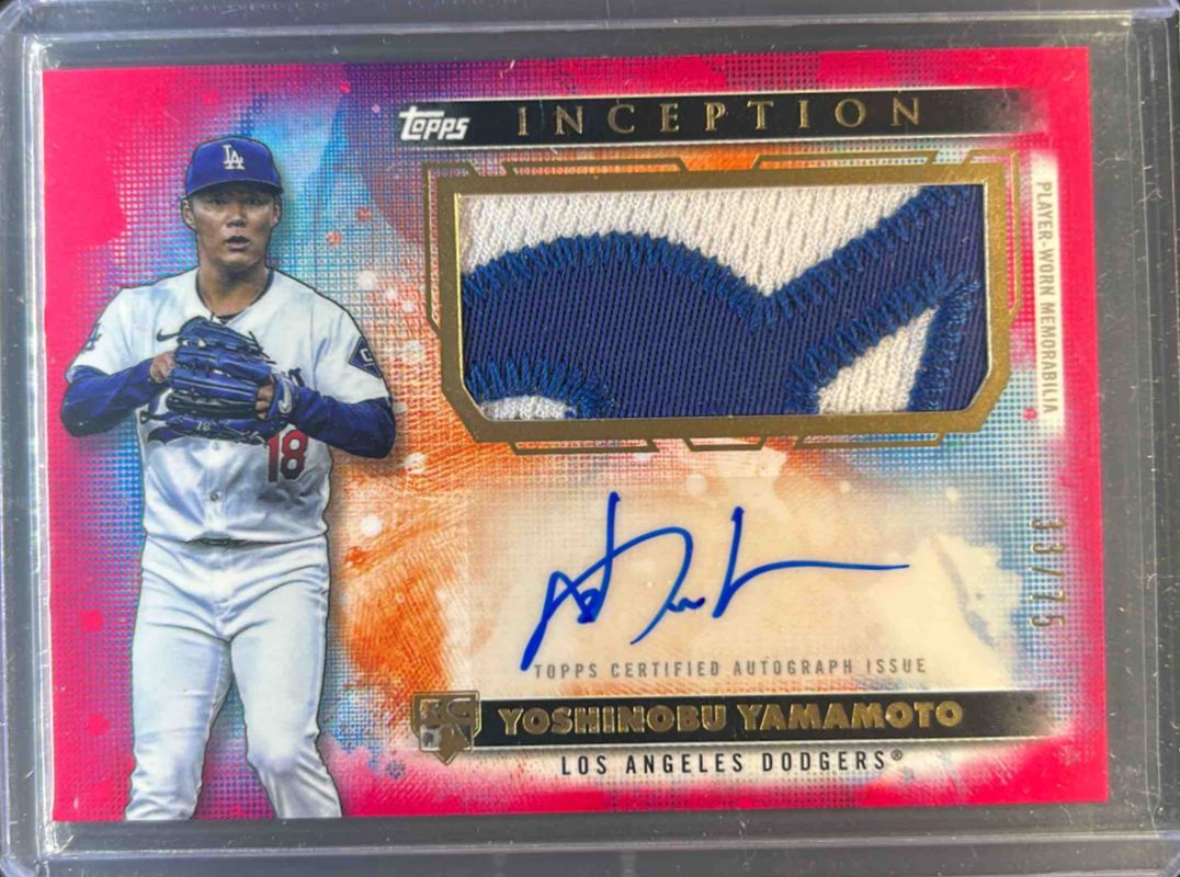 Yoshinobu Yamamoto 2024 Topps Inception #APC-YY Autographs Patch Cards - Magenta /75 Rookie RAW