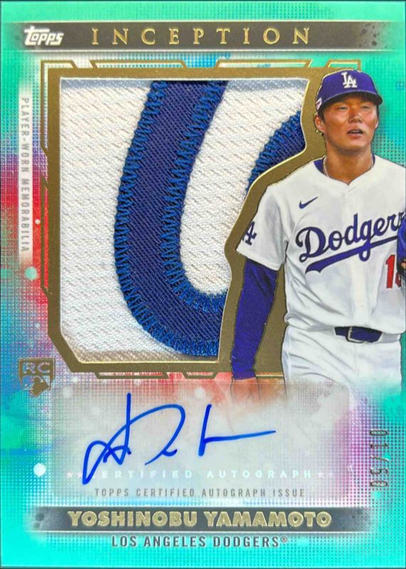 Yoshinobu Yamamoto 2024 Topps Inception #AJP-YY Autographed Jumbo Patch Cards - Aqua /50 Rookie RAW