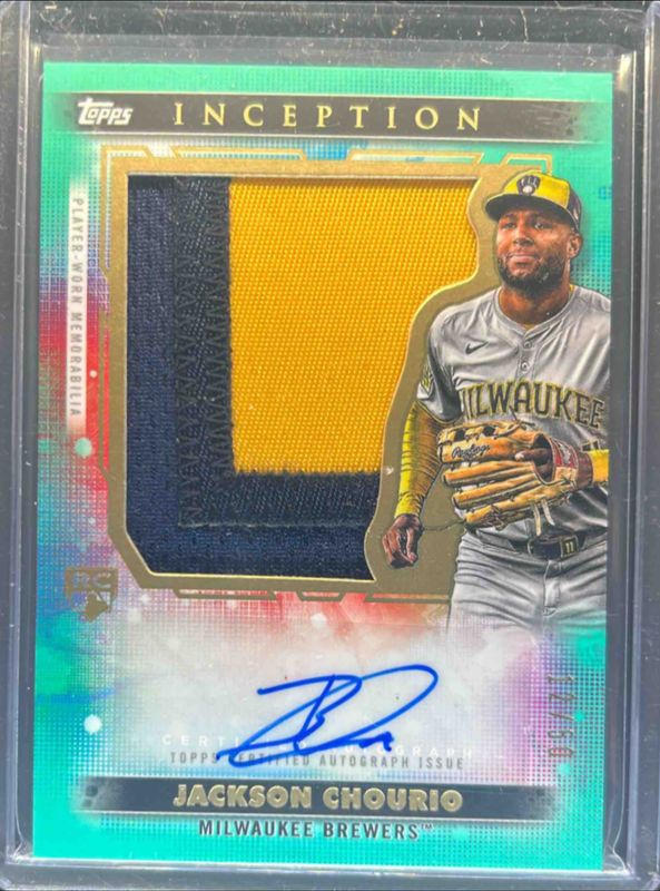 Jackson Chourio 2024 Topps Inception #AJP-JCH Autographed Jumbo Patch Cards - Aqua /50 Rookie RAW