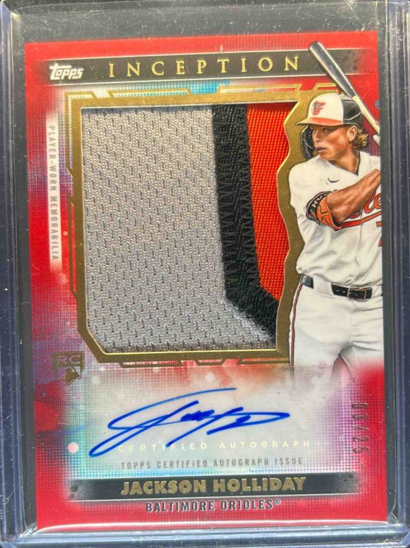 Jackson Holliday 2024 Topps Inception #AJP-JHO Autographed Jumbo Patch Cards - Red /25 Rookie RAW