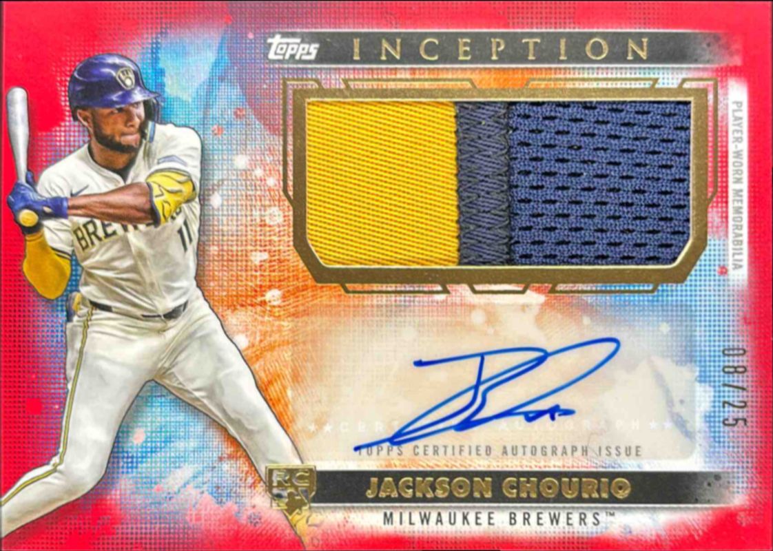 Jackson Chourio 2024 Topps Inception #APC-JCH Autographs Patch Cards - Red /25 Rookie RAW