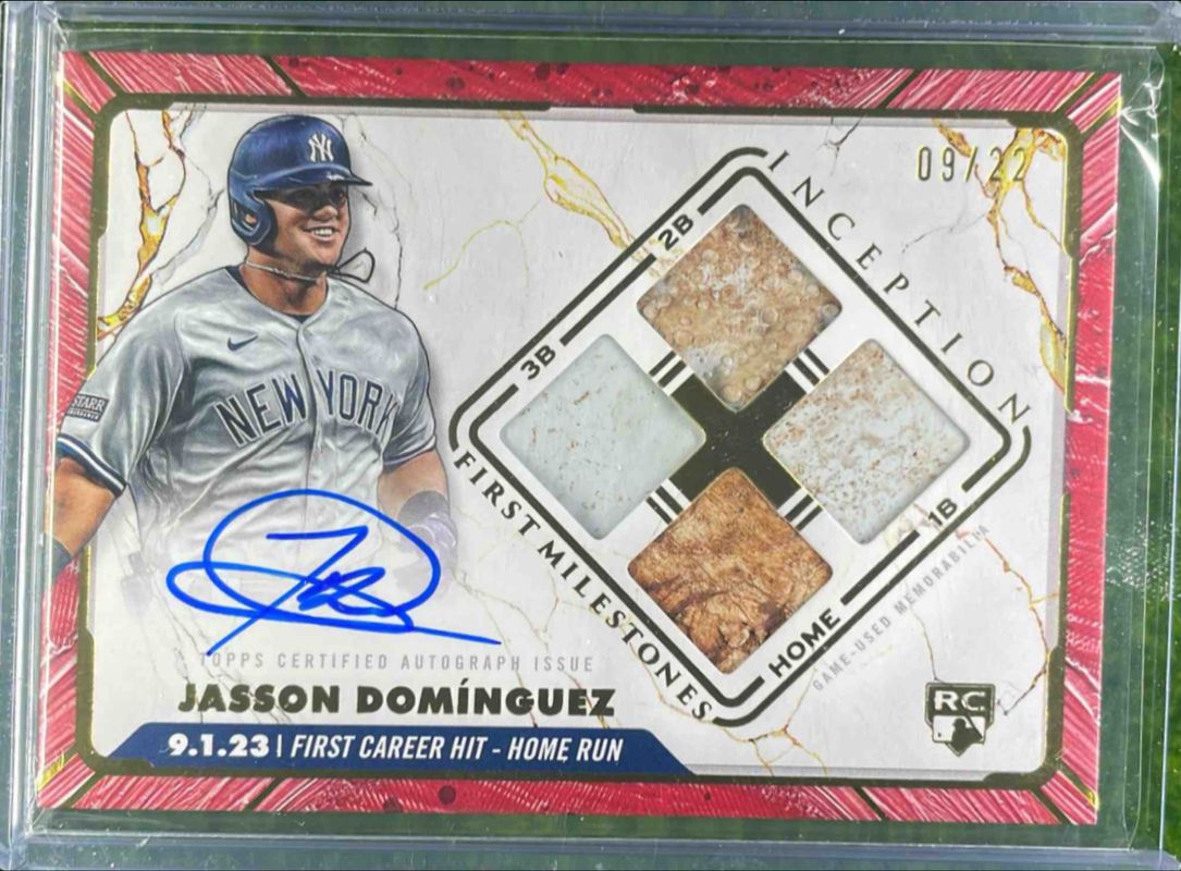 Jasson Dominguez 2024 Topps Inception #MFARHR-JD MLB First Milestones Autographs Relics Home Run - Red /22 Rookie RAW