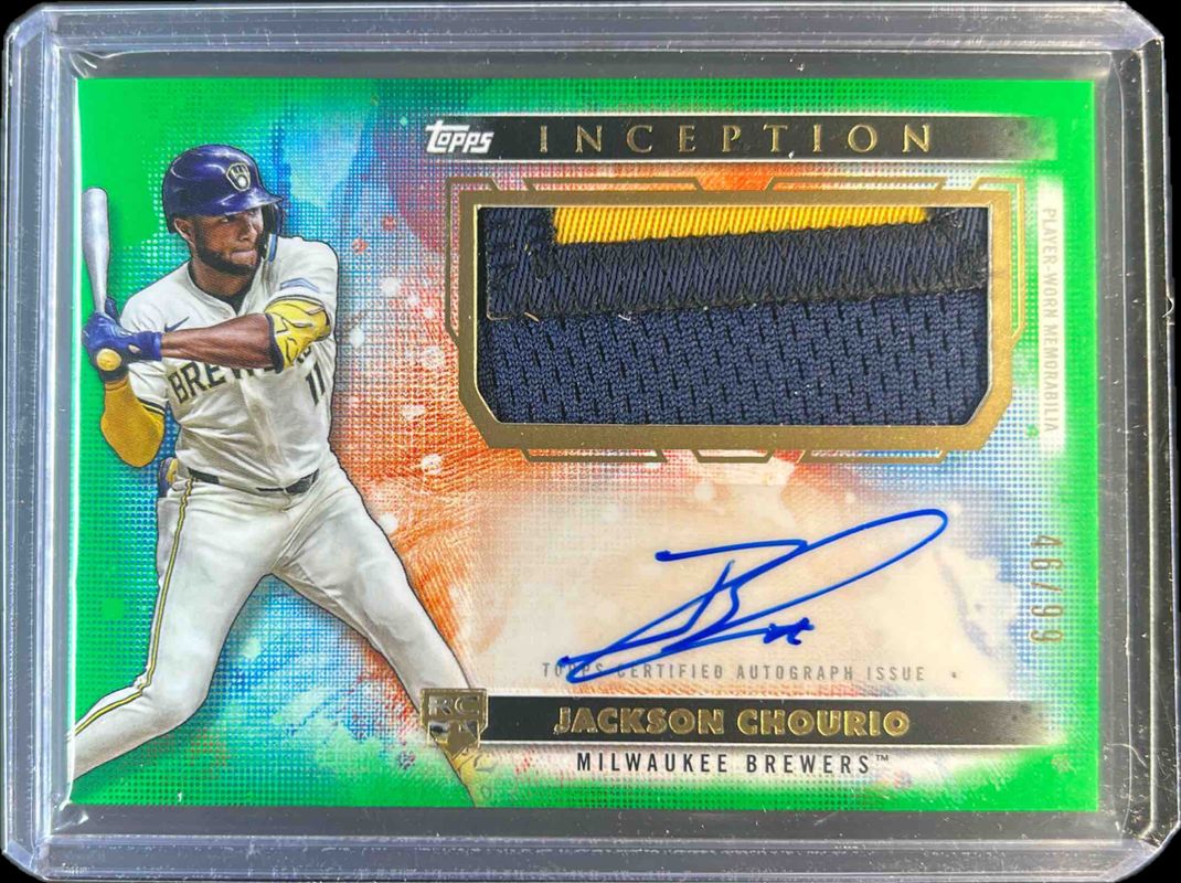 Jackson Chourio 2024 Topps Inception #APC-JCH Autographs Patch Cards - Green /99 Rookie RAW