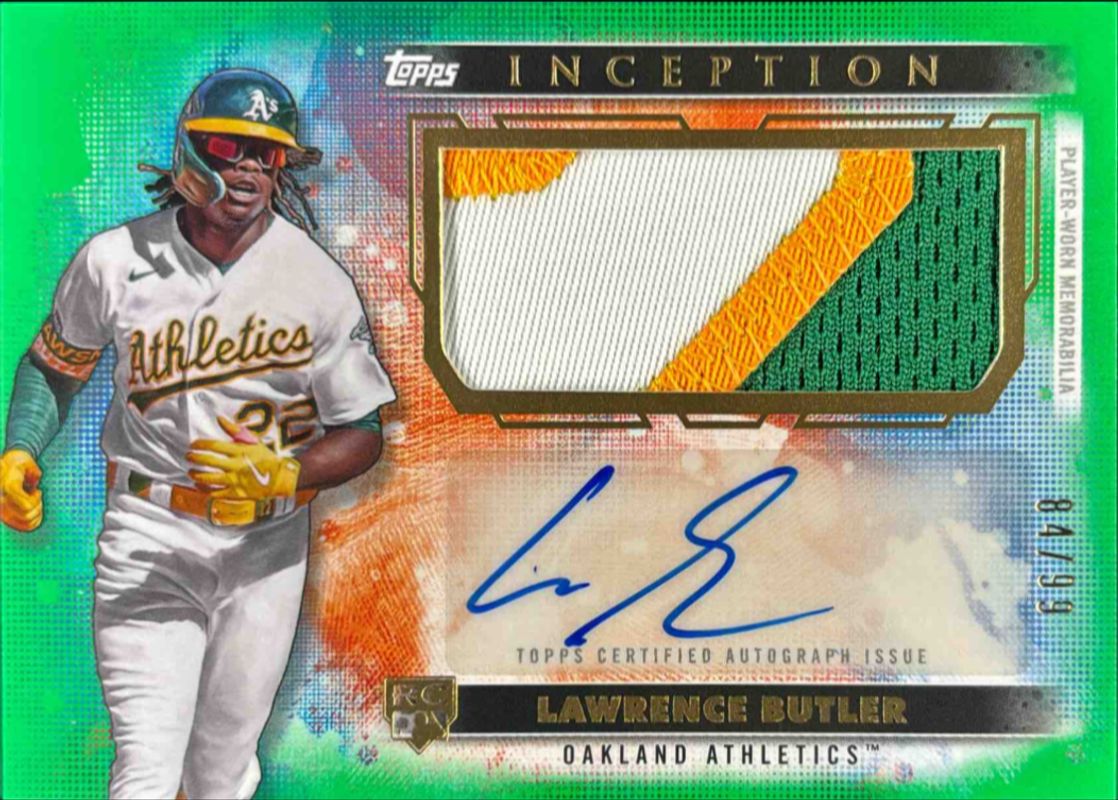 Lawrence Butler 2024 Topps Inception #APC-LB Autographs Patch Cards - Green /99 Rookie RAW