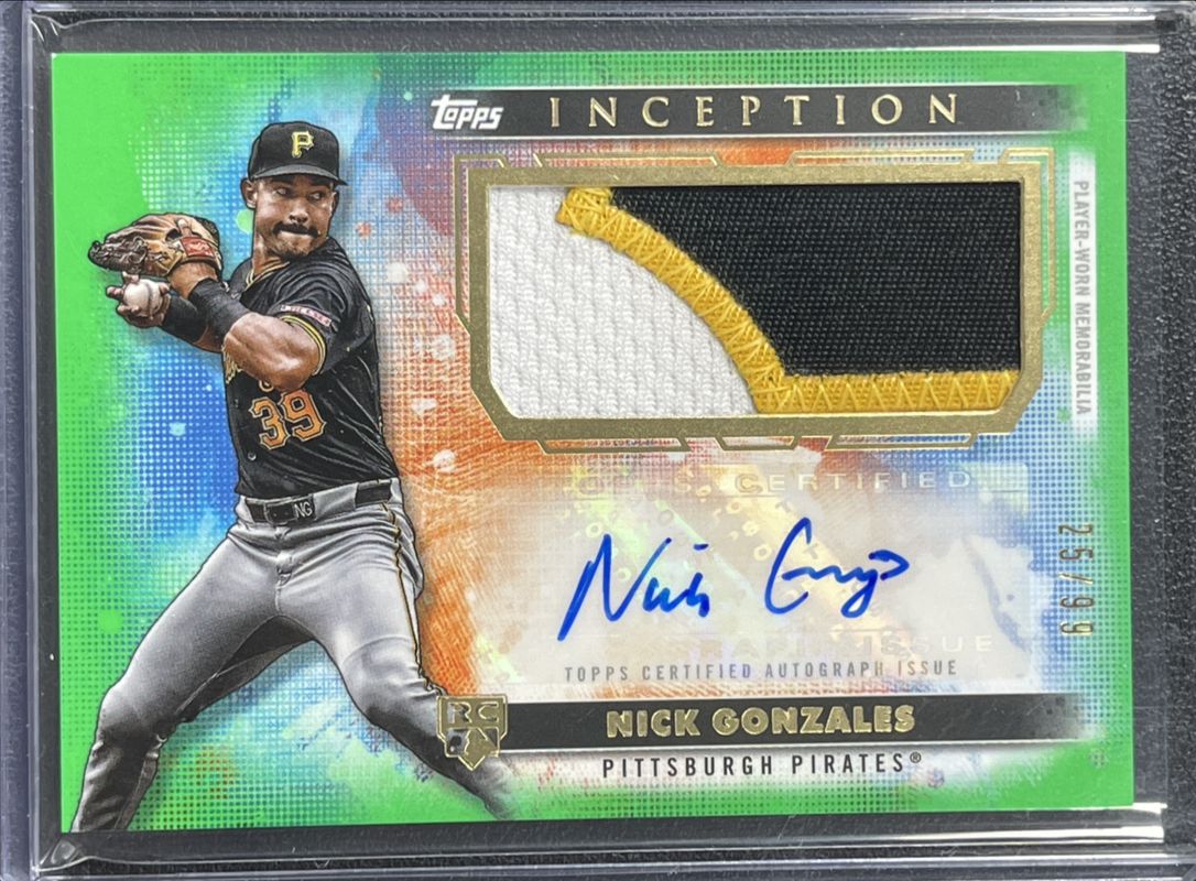 Nick Gonzales 2024 Topps Inception #APC-NG Autographs Patch Cards - Green /99 Rookie RAW