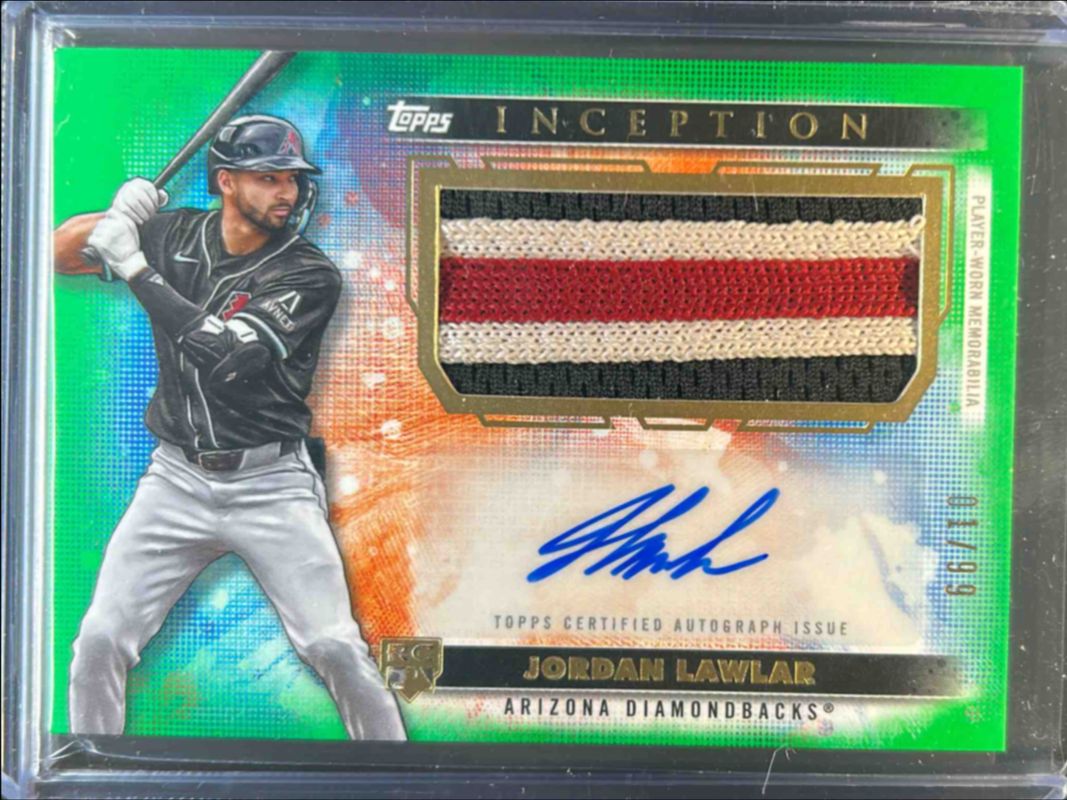 Jordan Lawlar 2024 Topps Inception #APC-JLA Autographs Patch Cards - Green /99 Rookie RAW