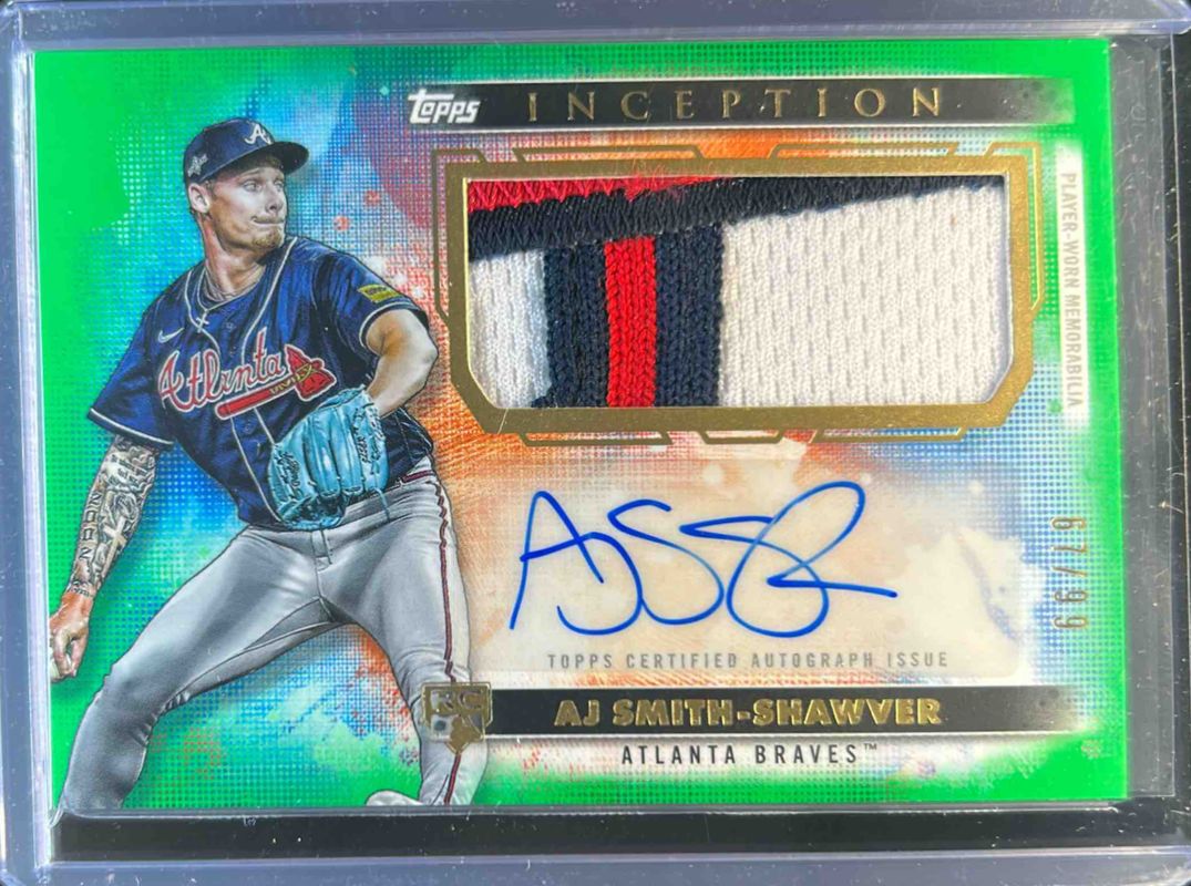 AJ Smith-Shawver 2024 Topps Inception #APC-AS Autographs Patch Cards - Green /99 Rookie RAW