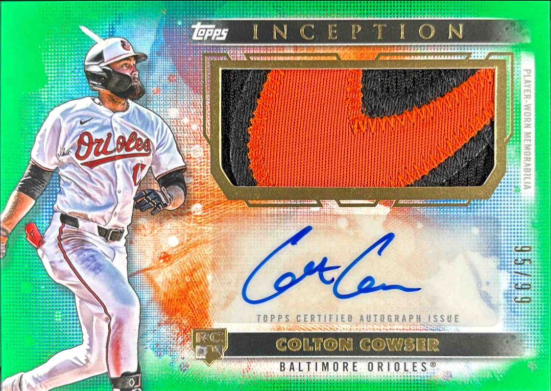 Colton Cowser 2024 Topps Inception #APC-CC Autographs Patch Cards - Green /99 Rookie RAW
