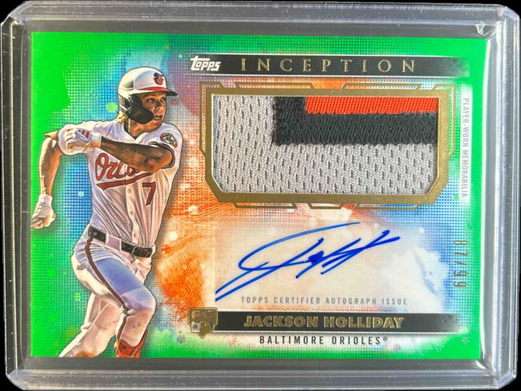 Jackson Holliday 2024 Topps Inception #APC-JHO Autographs Patch Cards - Green /99 Rookie RAW