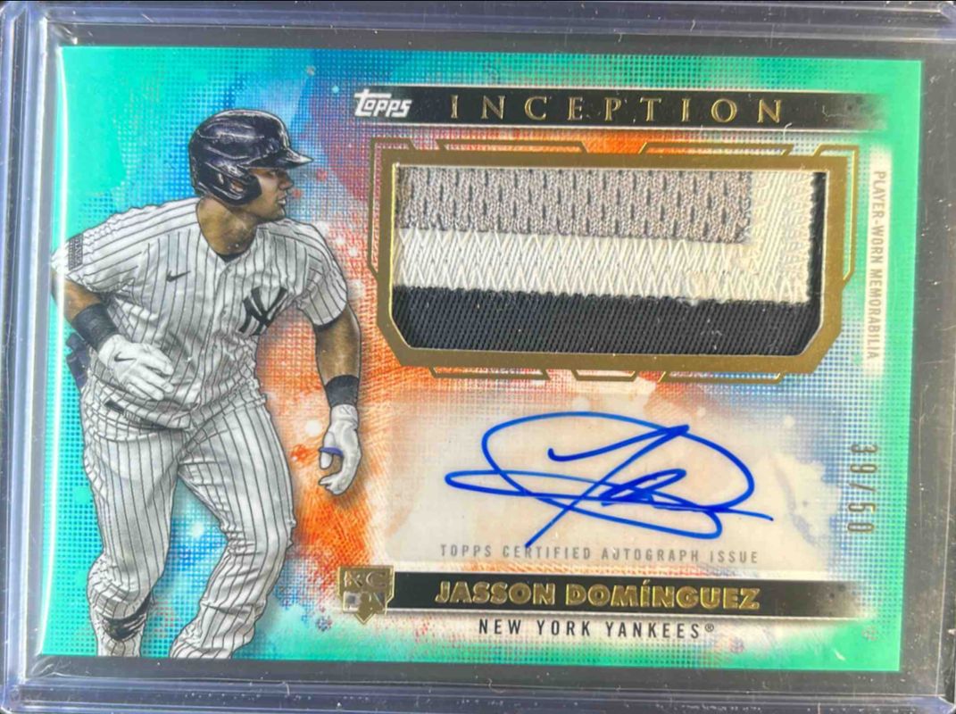 Jasson Dominguez 2024 Topps Inception #APC-JDO Autographs Patch Cards - Aqua /50 Rookie RAW
