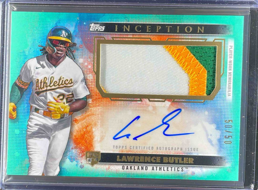 Lawrence Butler 2024 Topps Inception #APC-LB Autographs Patch Cards - Aqua /50 Rookie RAW