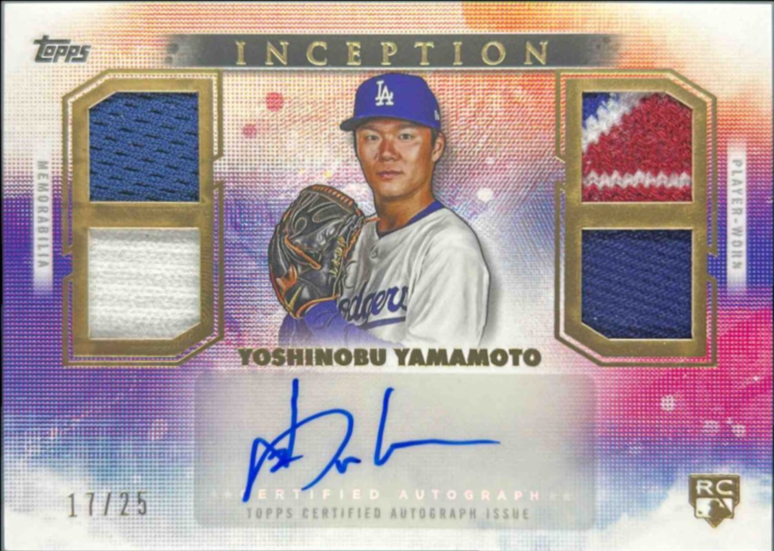 Yoshinobu Yamamoto 2024 Topps Inception #QRA-YY Quad Relic Autographs /25 Rookie RAW