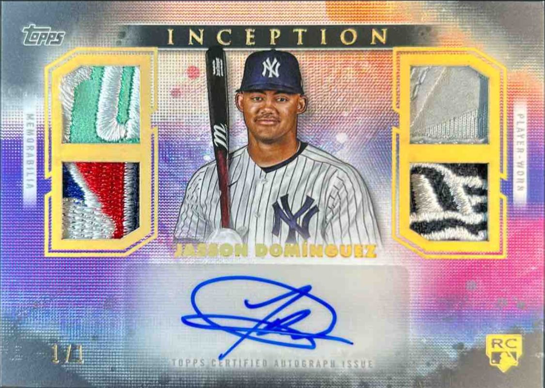 Jasson Dominguez 2024 Topps Inception #QRA-JD Quad Relic Autographs - Inception /1 Rookie RAW