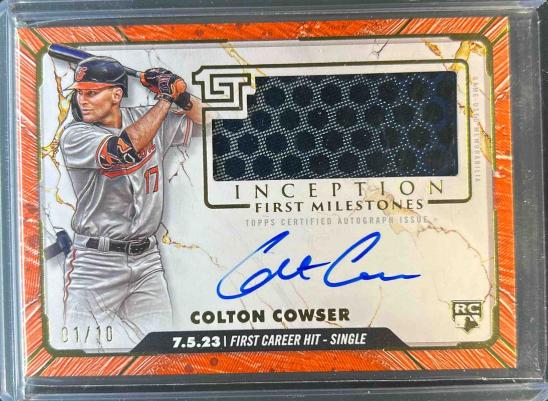 Colton Cowser 2024 Topps Inception #FMAR-CC MLB First Milestones Autographs Relics - Orange /10 Rookie RAW