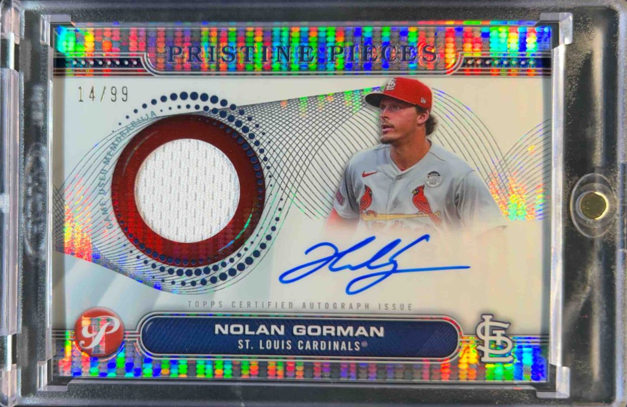 Nolan Gorman 2024 Topps Pristine #PPAR-NG Pristine Pieces Autographs Relics - Pristine Refractor /99 RAW