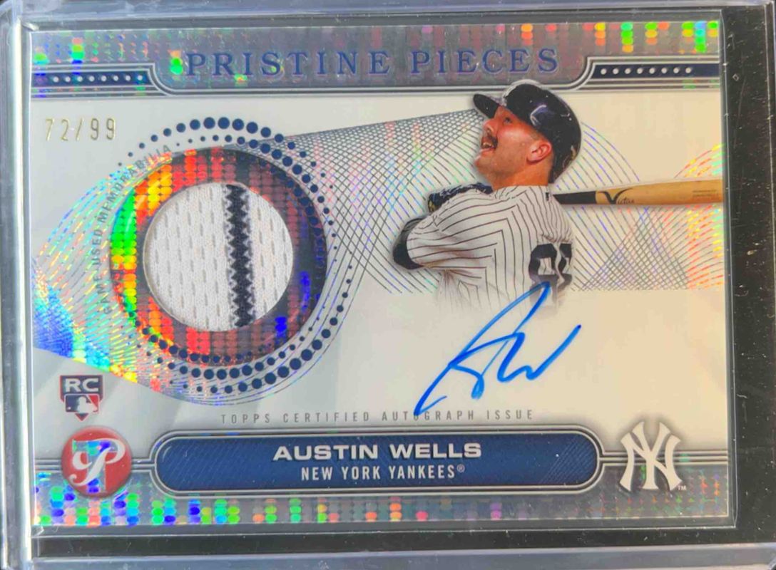 Austin Wells 2024 Topps Pristine #PPAR-AW Pristine Pieces Autographs Relics - Pristine Refractor /99 Rookie RAW