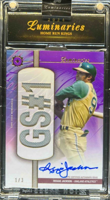 Reggie Jackson 2024 Topps Luminaries #HRKAR-RJ3 Home Run Kings Autographs Relics - Purple /3 RAW