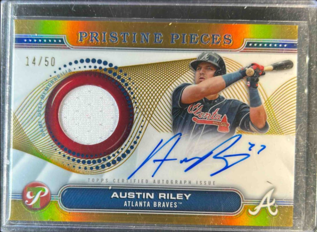 Austin Riley 2024 Topps Pristine #PPAR-AR Pristine Pieces Autographs Relics - Gold Refractor /50 RAW