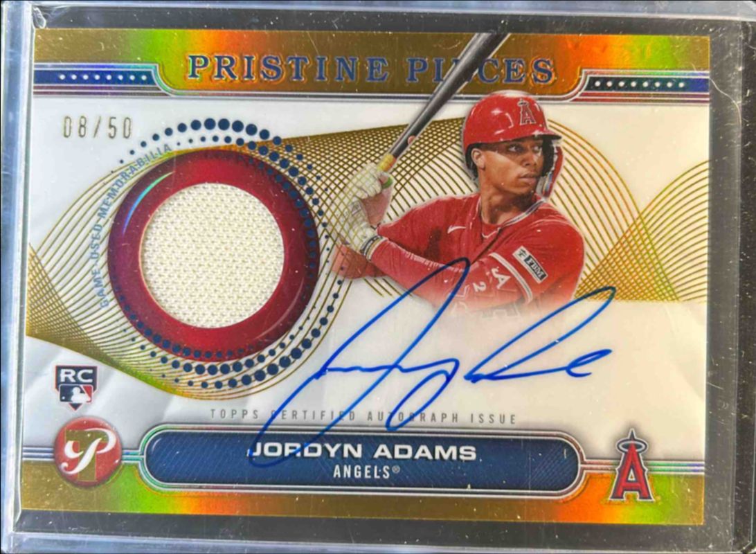 Jordyn Adams 2024 Topps Pristine #PPAR-JAD Pristine Pieces Autographs Relics - Gold Refractor /50 Rookie RAW