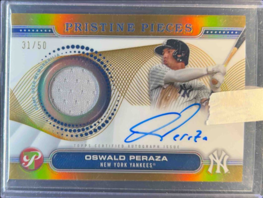 Oswald Peraza 2024 Topps Pristine #PPAR-OP Pristine Pieces Autographs Relics - Gold Refractor /50 RAW