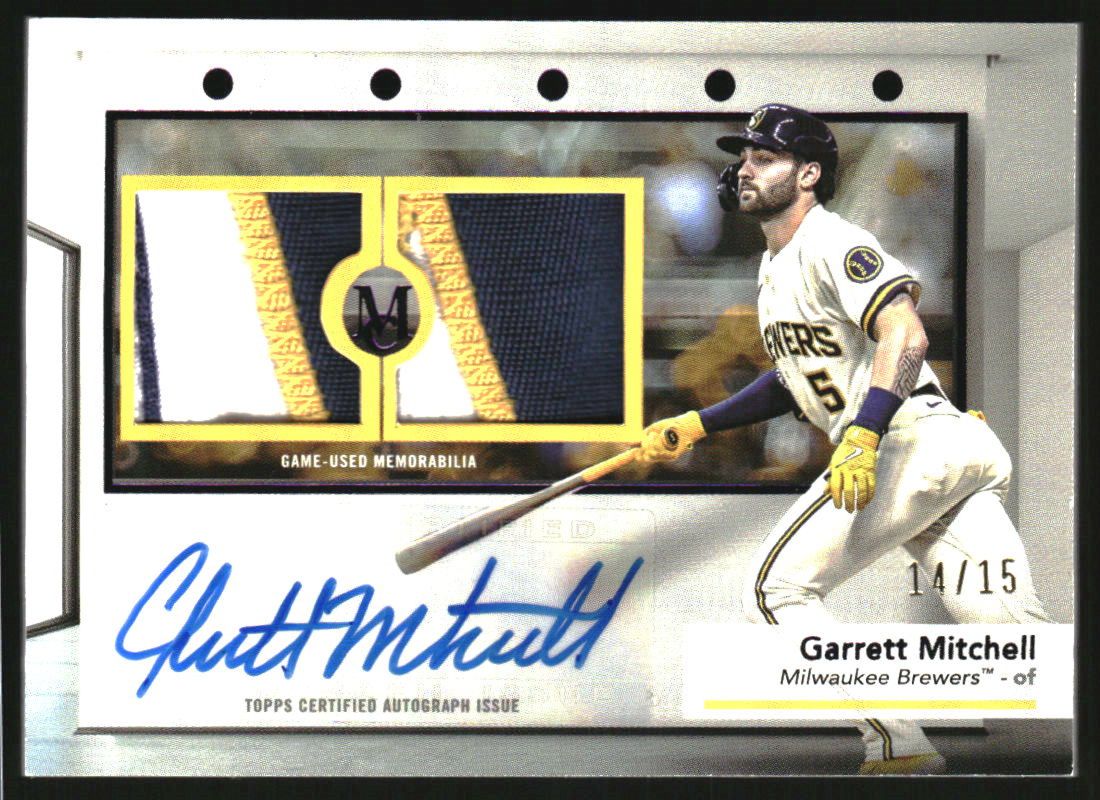 Garrett Mitchell 2024 Topps Museum Collection #SWDRA-GM Single Player Signatures Swatches Dual Relic Autographs - Amethyst /15 RAW