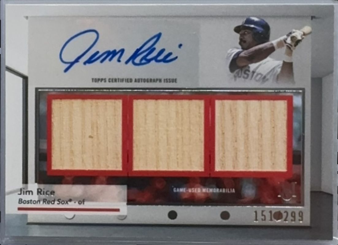 Jim Rice 2024 Topps Museum Collection #SWTRA-JRI Single Player Signatures Swatches Triple Relic Autographs /299 RAW