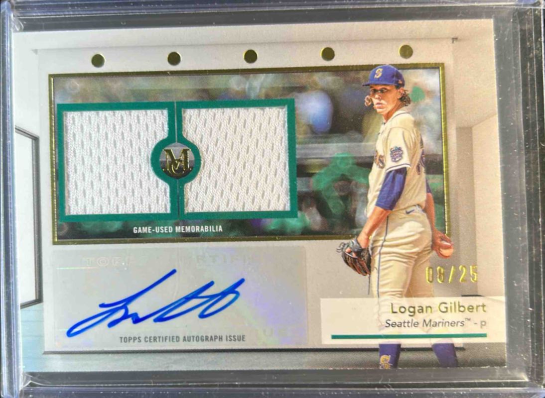 Logan Gilbert 2024 Topps Museum Collection #SWDRA-LG Single Player Signatures Swatches Dual Relic Autographs - Gold /25 RAW
