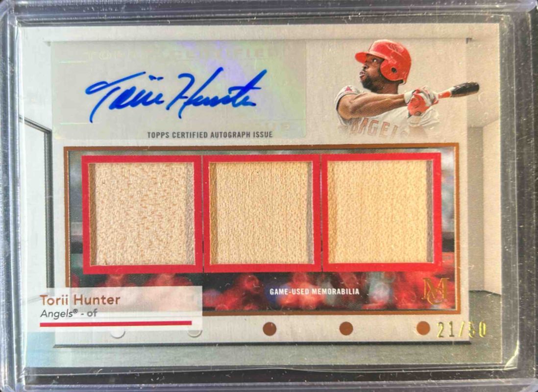 Torii Hunter 2024 Topps Museum Collection #SWTRA-TH Single Player Signatures Swatches Triple Relic Autographs - Copper /50 RAW