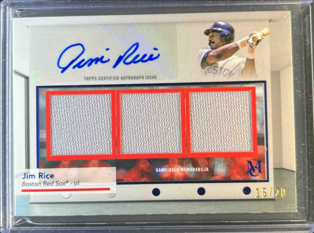 Jim Rice 2024 Topps Museum Collection #SWTRA-JRI Single Player Signatures Swatches Triple Relic Autographs - Sapphire /15 RAW