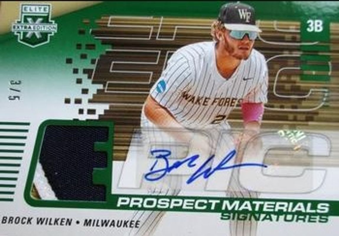 Brock Wilken 2023 Elite Extra Edition #EMS-BW Epic Prospect Materials Signatures - Emerald /5 RAW