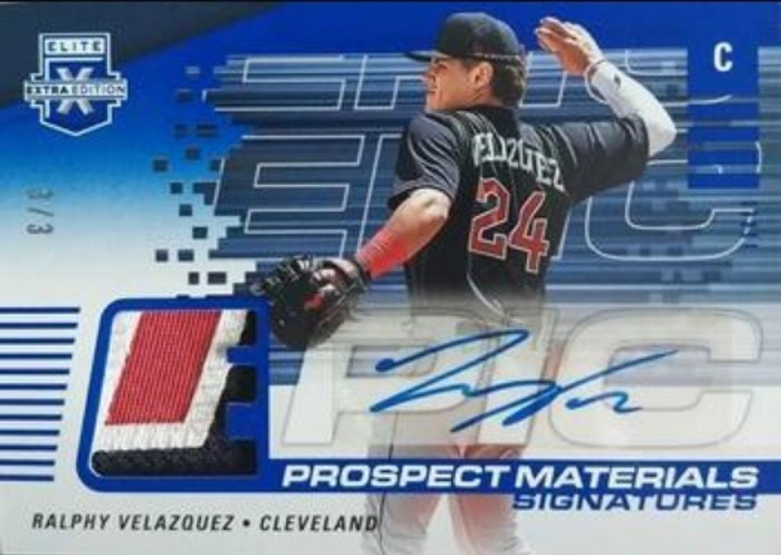 Ralphy Velazquez 2023 Elite Extra Edition #EMS-RV Epic Prospect Materials Signatures - Blue /3 RAW