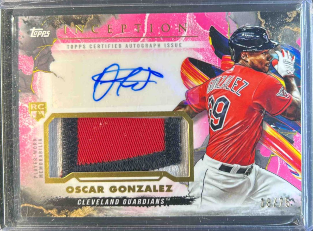 Oscar Gonzalez 2023 Topps Inception #IAP-OG Inception Autographs Patch - Magenta /75 Rookie RAW