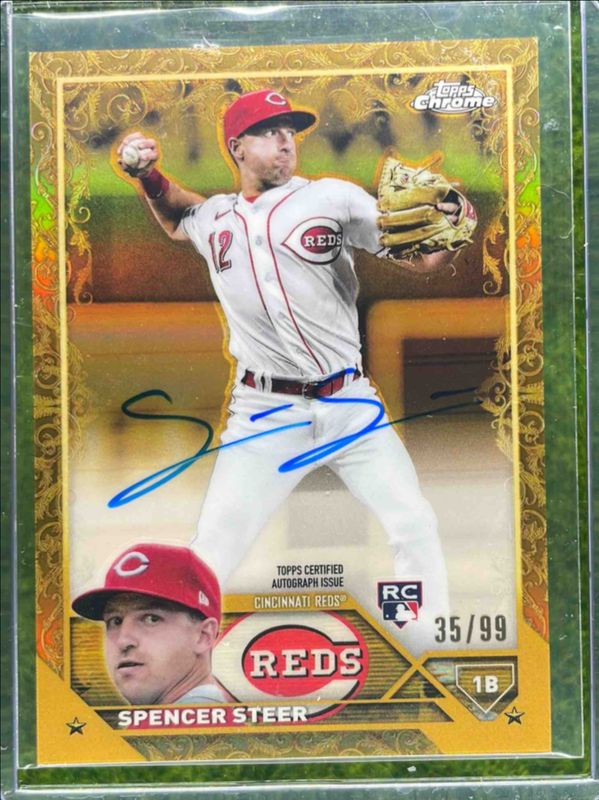 Spencer Steer 2023 Topps Gilded Collection #CGA-SS Chrome Gold Etch Autographs /99 Rookie RAW