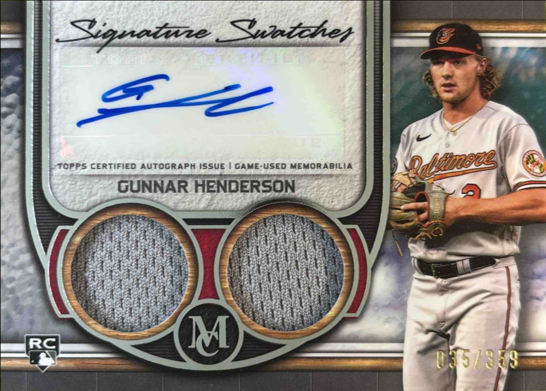 Gunnar Henderson 2023 Topps Museum Collection #SWDRA-GH Single Player Signatures Swatches Dual Relic Autographs /99 Rookie RAW