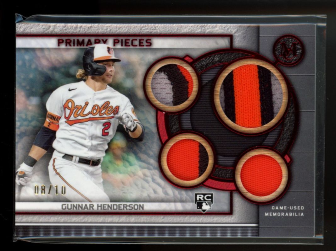 Gunnar Henderson 2023 Topps Museum Collection #SPPPQR-GH Single Player Primary Pieces Quad Relics - Ruby /10 Rookie RAW