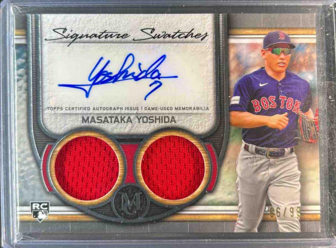 Masataka Yoshida 2023 Topps Museum Collection #SWDRA-MY Single Player Signatures Swatches Dual Relic Autographs /99 Rookie RAW