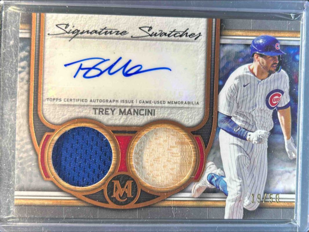 Trey Mancini 2023 Topps Museum Collection #SWDRA-TM Single Player Signatures Swatches Dual Relic Autographs - Copper /50 RAW
