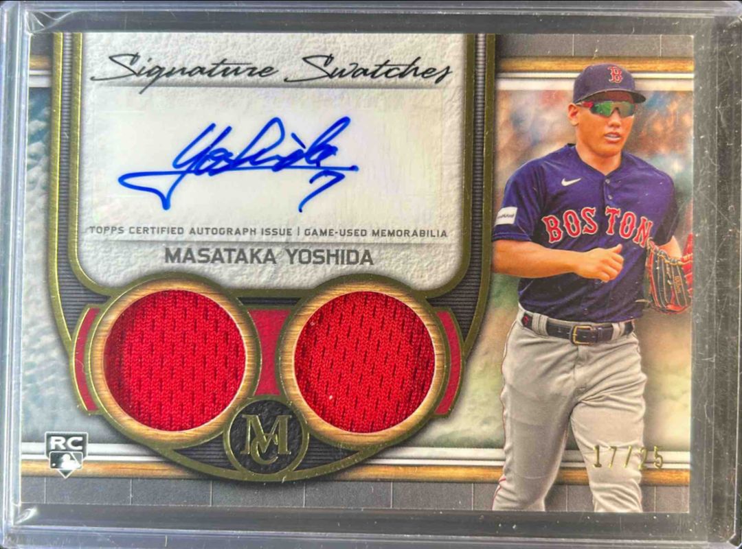 Masataka Yoshida 2023 Topps Museum Collection #SWDRA-MY Single Player Signatures Swatches Dual Relic Autographs - Gold /25 Rookie RAW