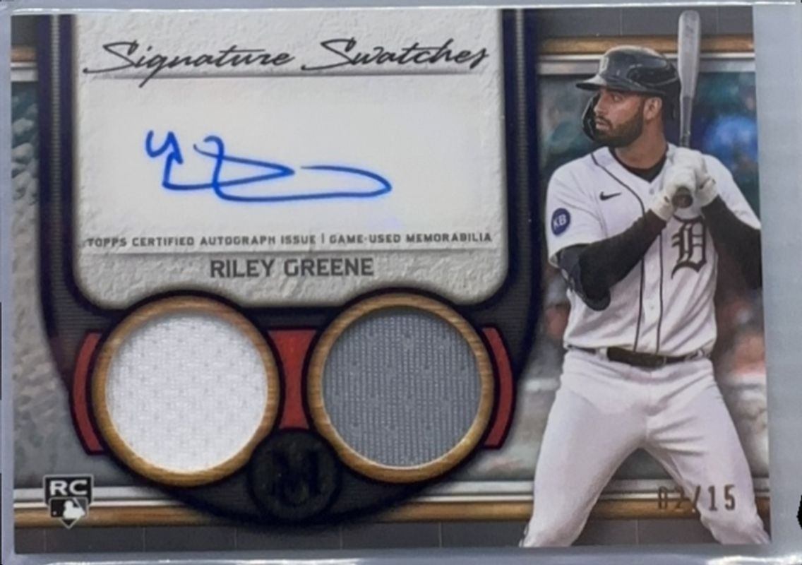 Riley Greene 2023 Topps Museum Collection #SWDRA-RG Single Player Signatures Swatches Dual Relic Autographs - Amethyst /15 Rookie RAW