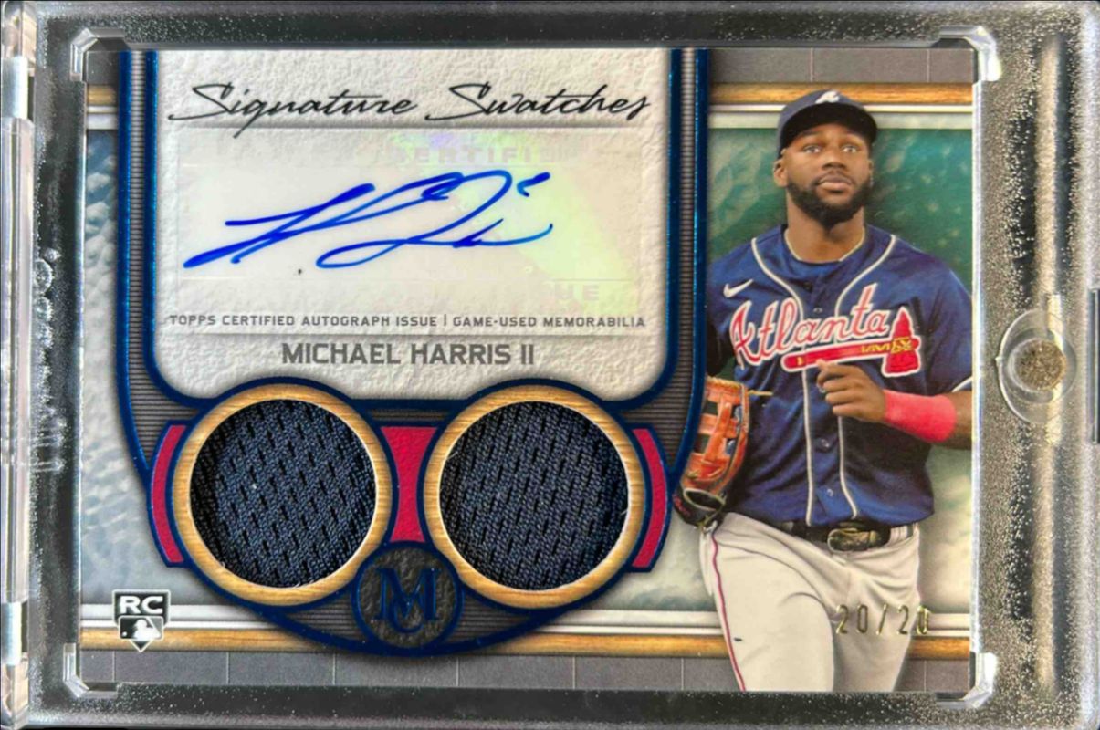 Michael Harris II 2023 Topps Museum Collection #SWDRA-MH Single Player Signatures Swatches Dual Relic Autographs - Sapphire /20 Rookie RAW