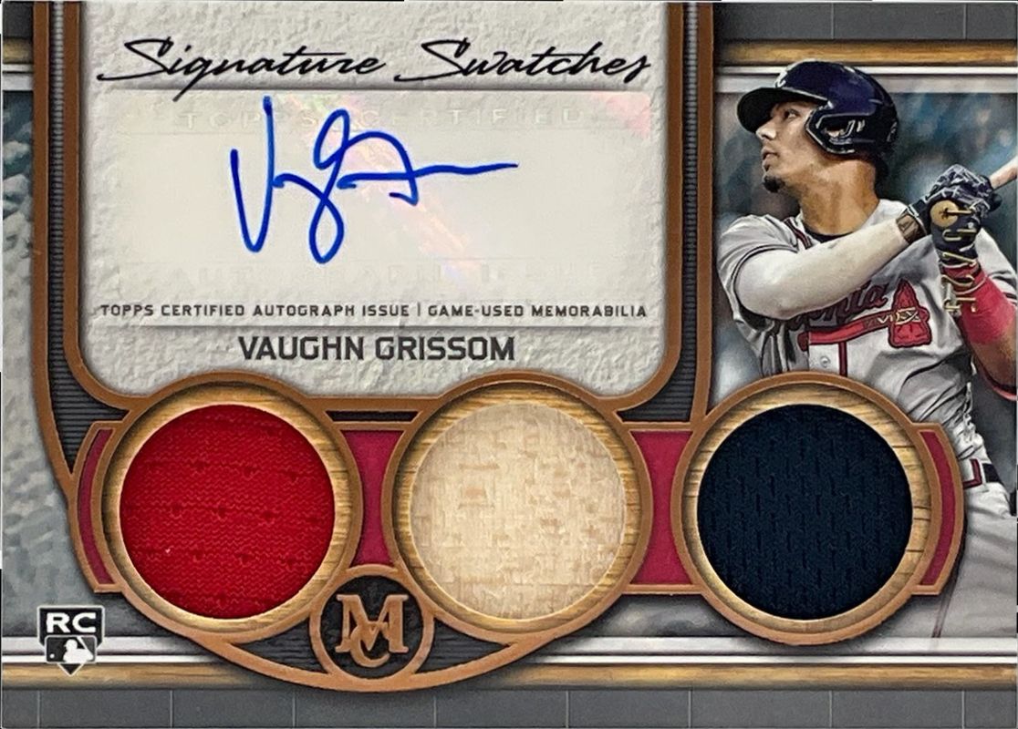 Vaughn Grissom 2023 Topps Museum Collection #SWTRA-VGJ Single Player Signatures Swatches Triple Relic Autographs - Gold /25 Rookie RAW