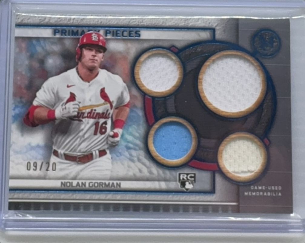 Nolan Gorman 2023 Topps Museum Collection #SPPPQR-NG Single Player Primary Pieces Quad Relics - Sapphire /20 Rookie RAW