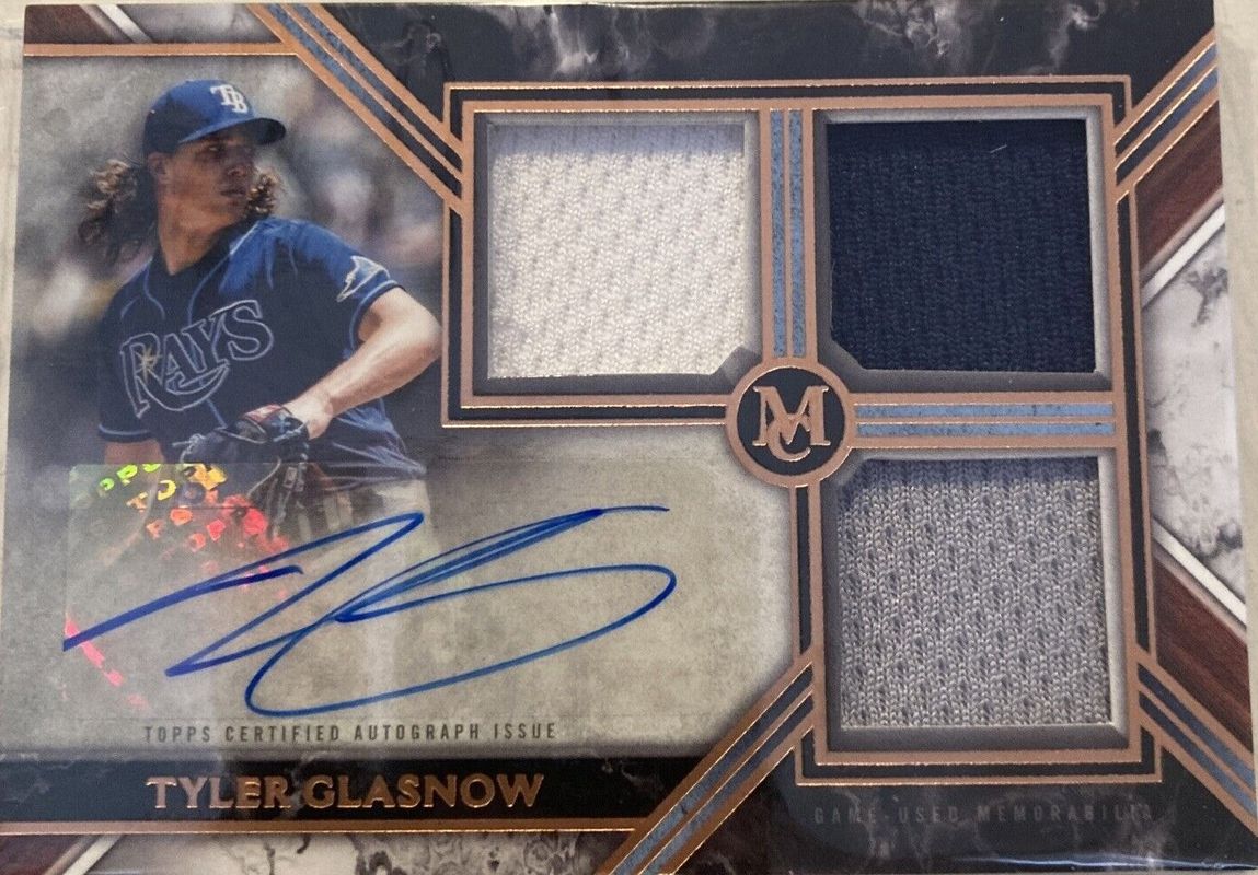 Tyler Glasnow 2022 Topps Museum Collection #SWTRA-TG Single-Player Signatures Swatches Triple Relic Autographs - Copper /25 RAW