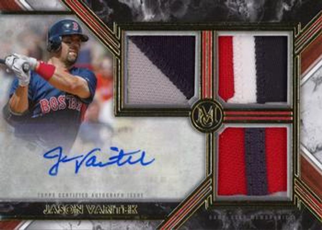 Jason Varitek 2022 Topps Museum Collection #SWTRA-JV Single-Player Signatures Swatches Triple Relic Autographs - Gold /5 RAW