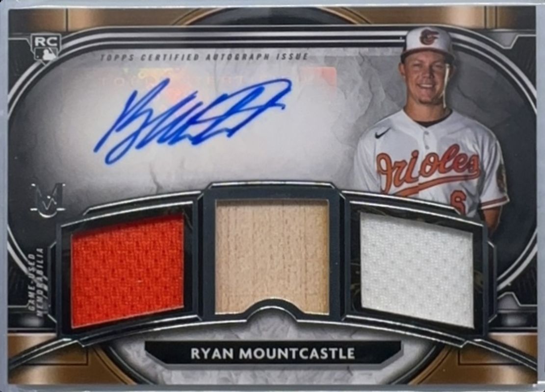 Ryan Mountcastle 2021 Topps Museum Collection #SPTRA-RM Single-Player Signatures Swatches Triple Relic Autographs /125 Rookie RAW