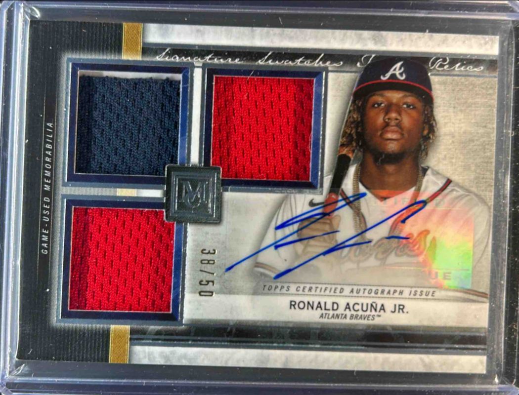 Ronald Acuna Jr. 2020 Topps Museum Collection #SSTA-RA Single-Player Signatures Swatches Triple Relic Autographs - Copper /50 RAW