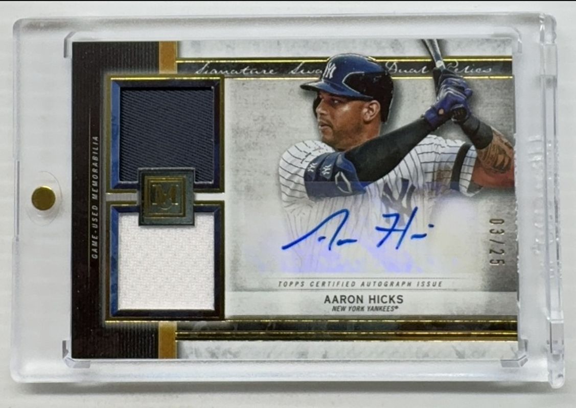 Aaron Hicks 2020 Topps Museum Collection #SSDA-AH Single-Player Signatures Swatches Dual Relic Autographs - Gold /25 RAW